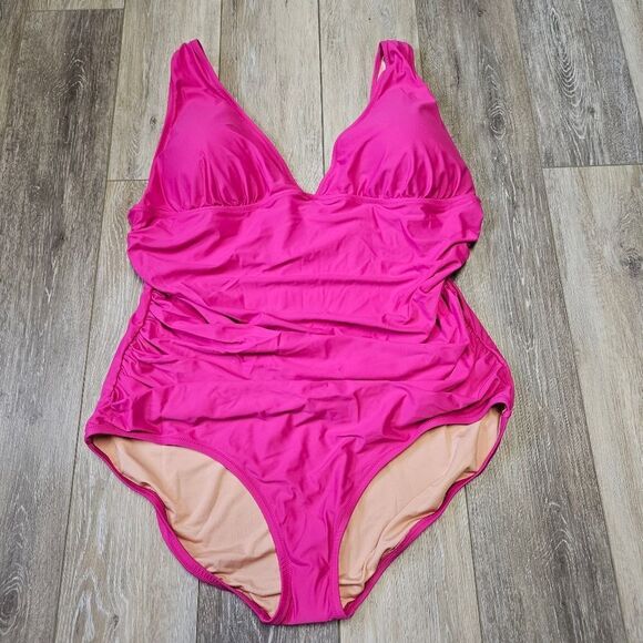 J. Crew Ruched V Neck One Piece Swimsuit Women's Plus 22 Fuchsia Pink Long Torso - Picture 3 of 8